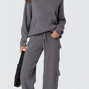 Edikted Wynter Charcoal Knit Sweater Pants & Hoodie Set